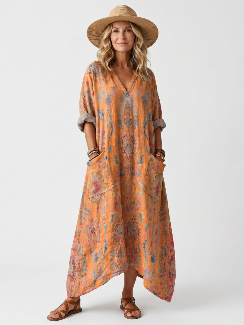 Paisley Print Notch Neck Oversized Pocket Maxi Dress