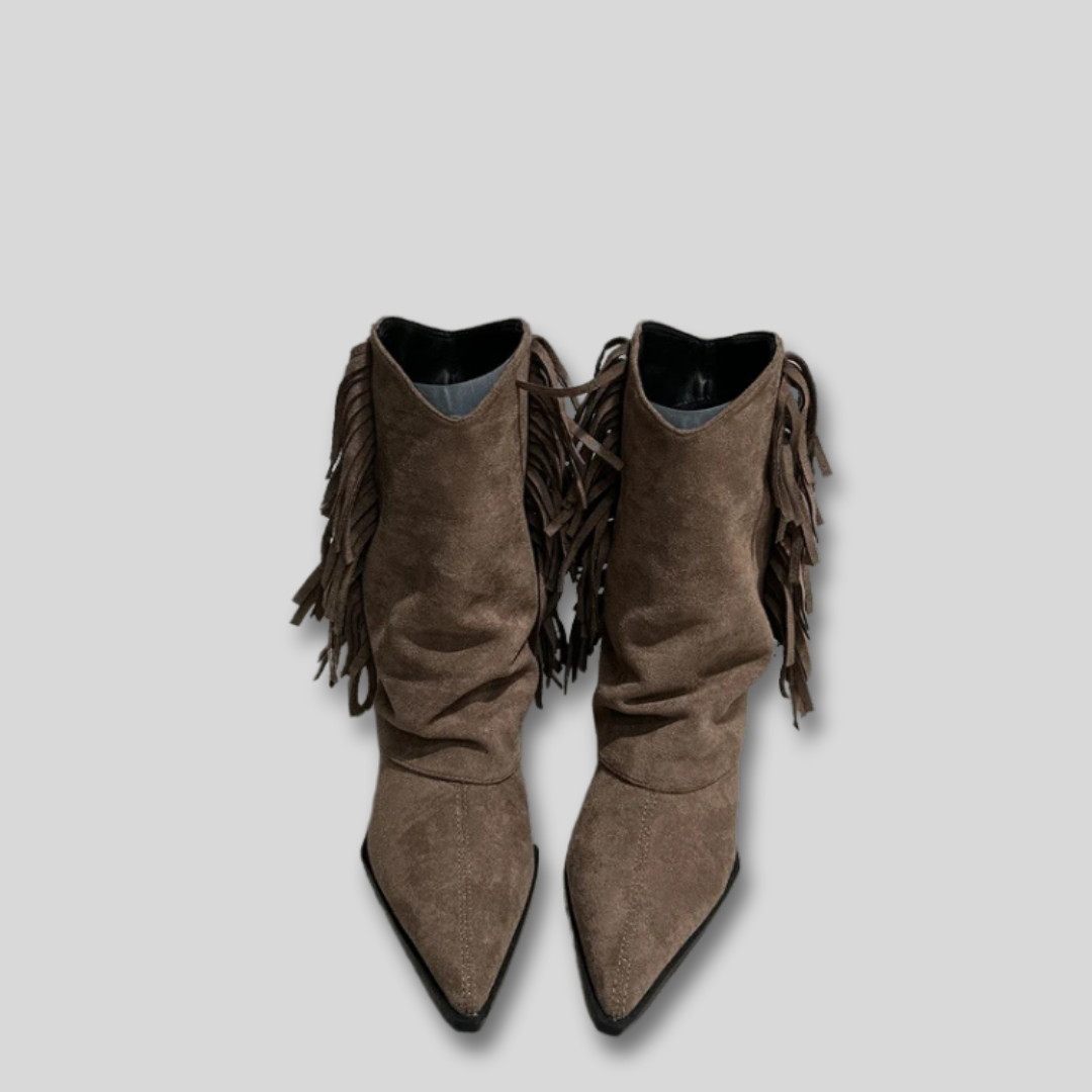Suede Look Fringe Pointed Toe Slouch Western Boots