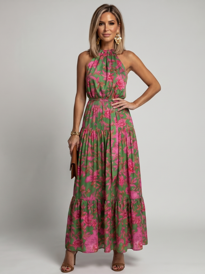 Floral Print Halter Neck Tiered Maxi Dress