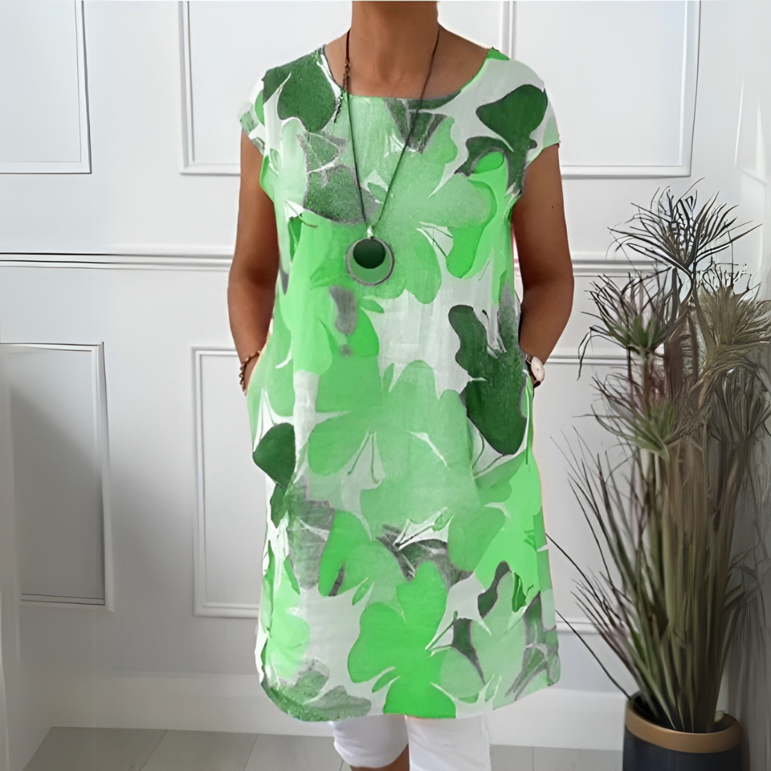 Watercolor Floral Round Neck Short Sleeve Tunic Dress