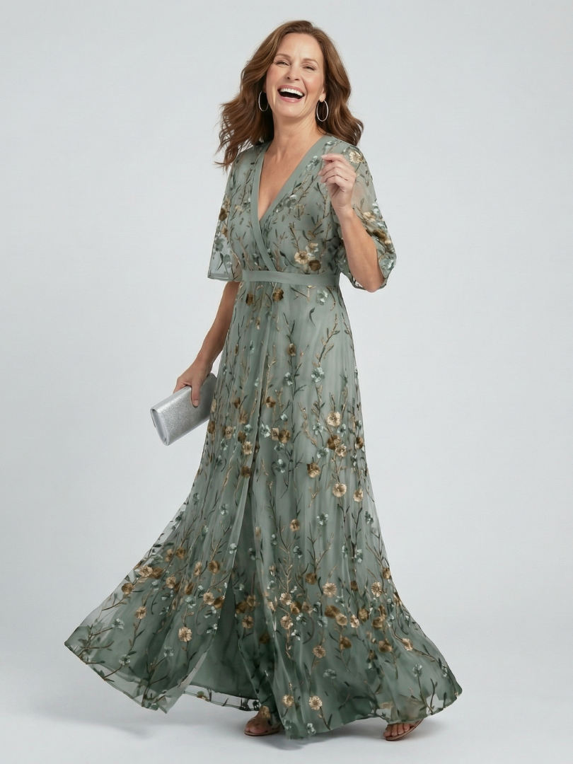 Floral V-Neck Half Sleeve Wrap Maxi Dress