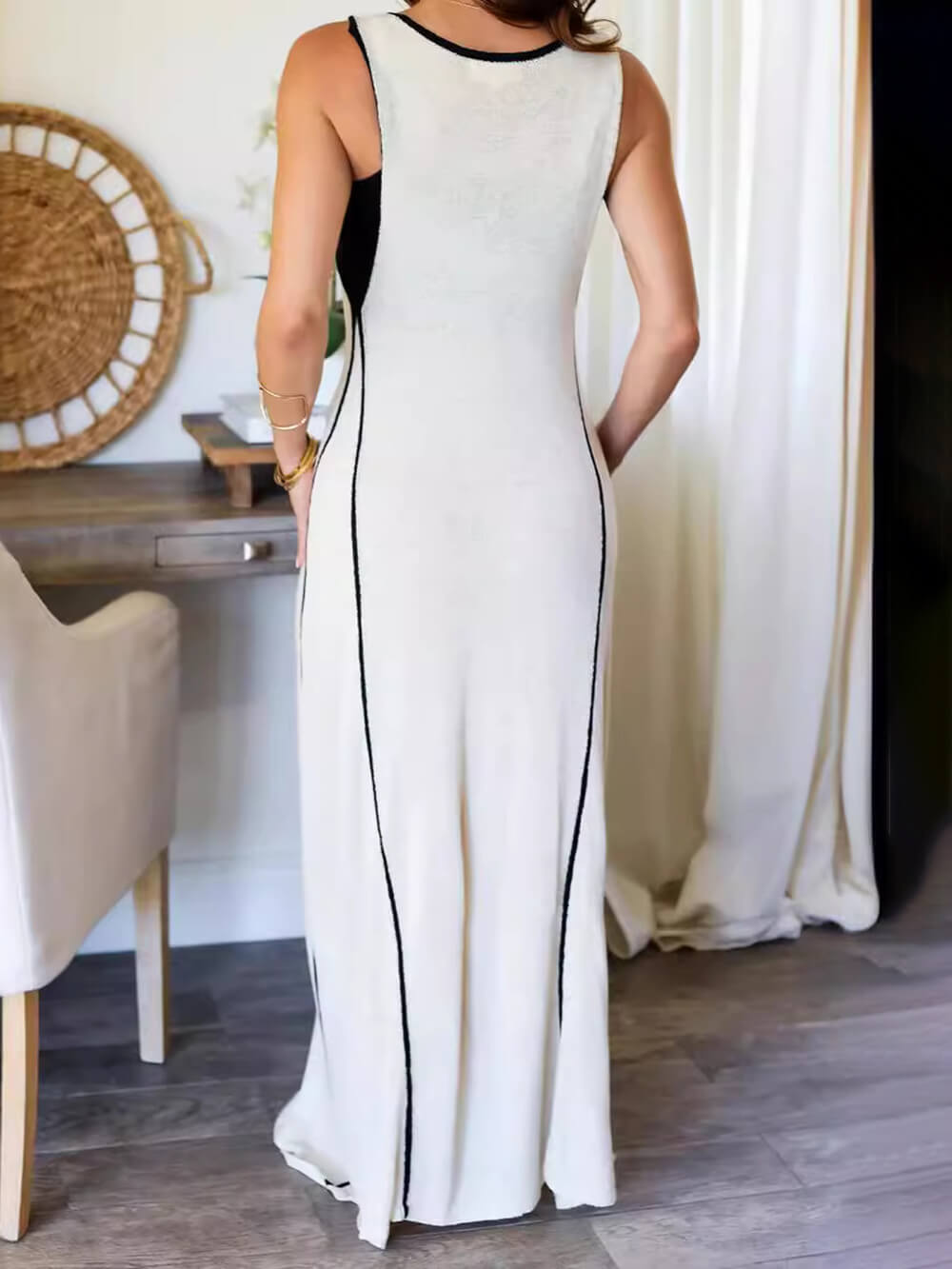 Contrast Trim Deep V-Neck Bow Tie Front Sleeveless Maxi Dress 4