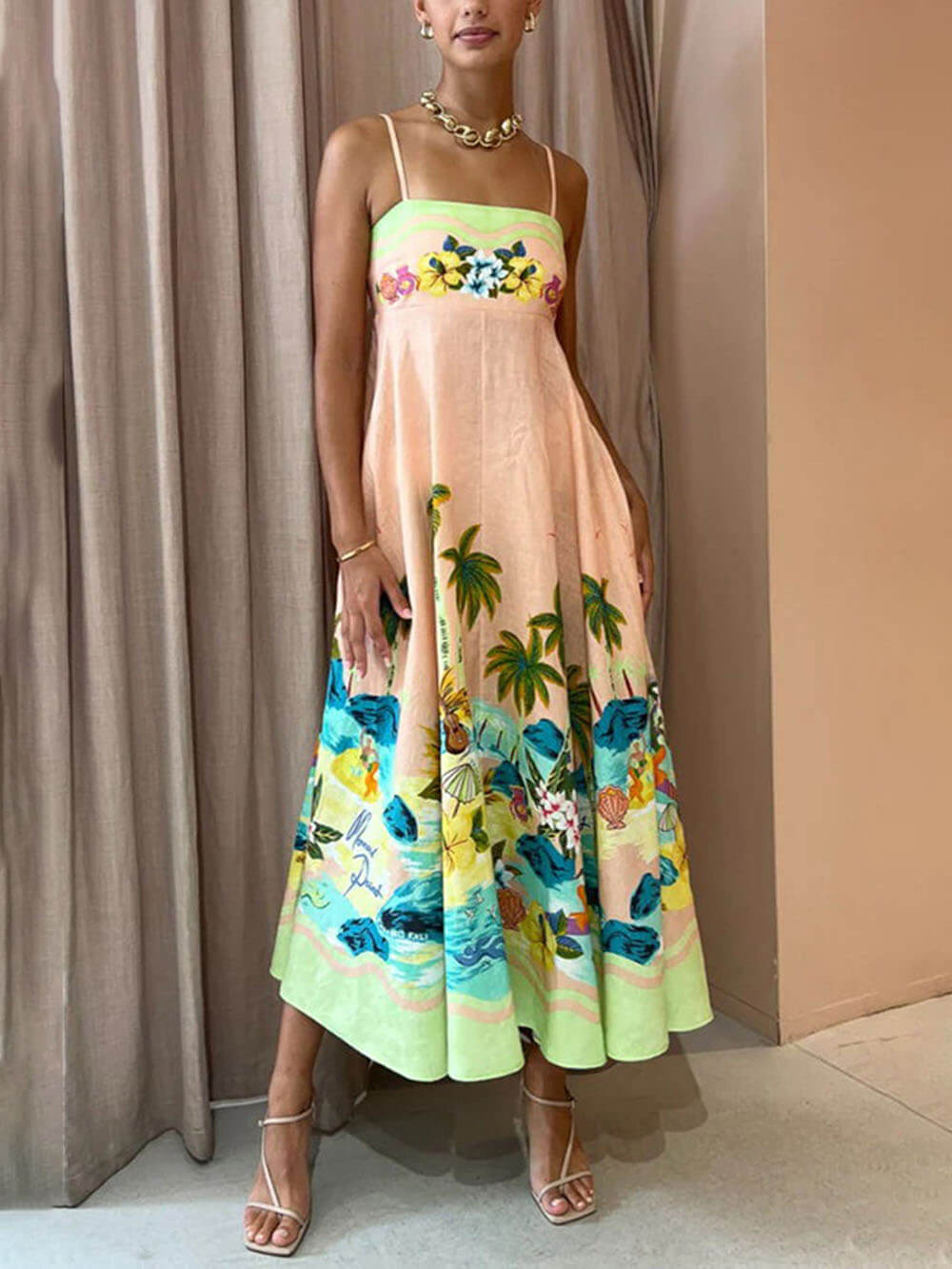 Tropical Palm Print Spaghetti Strap Square Neck A-Line Midi Dress