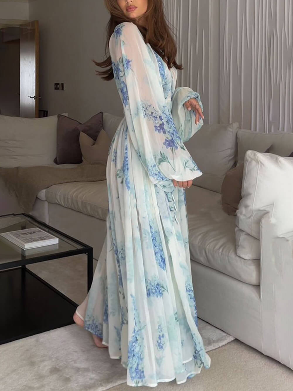 Floral Chiffon Deep V-Neck Balloon Sleeve Drawstring Waist Maxi Dress 2