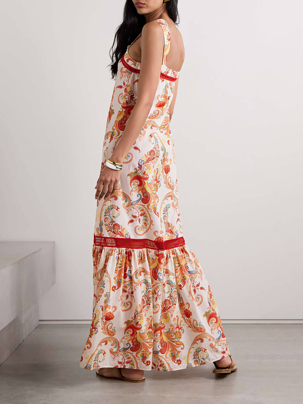 Paisley Print Square Neck Lace Trim Tiered Hem Sleeveless Maxi Dress 2
