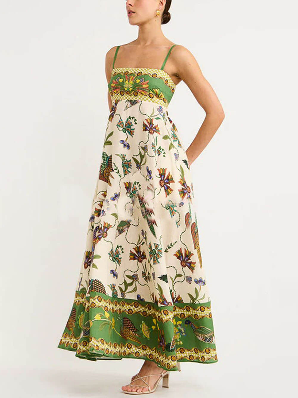 Botanical Border Print Square Neck Empire Waist Pocket Maxi Dress 4