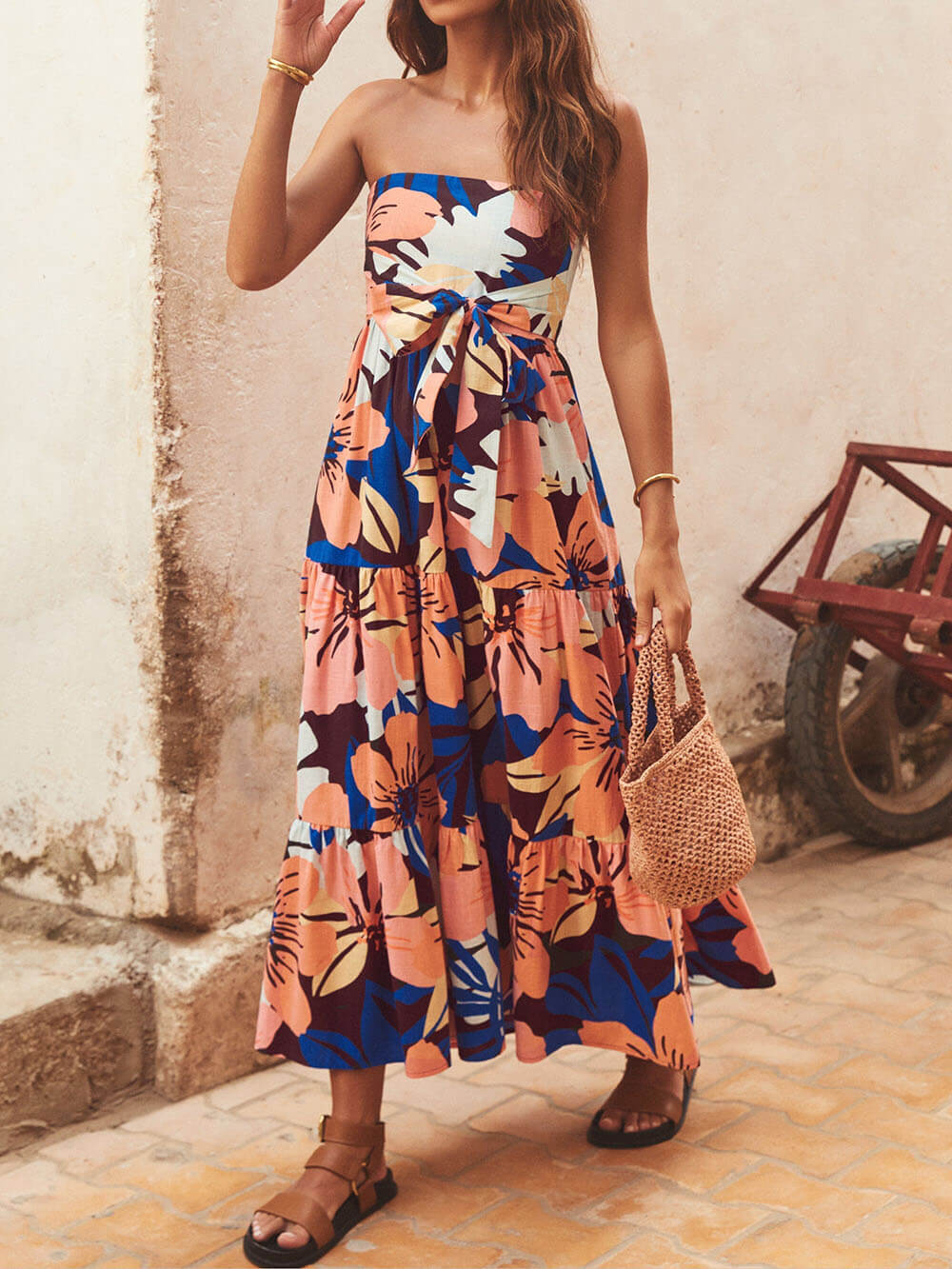 Tropical Floral Print Strapless Tie Front Tiered Maxi Dress 2
