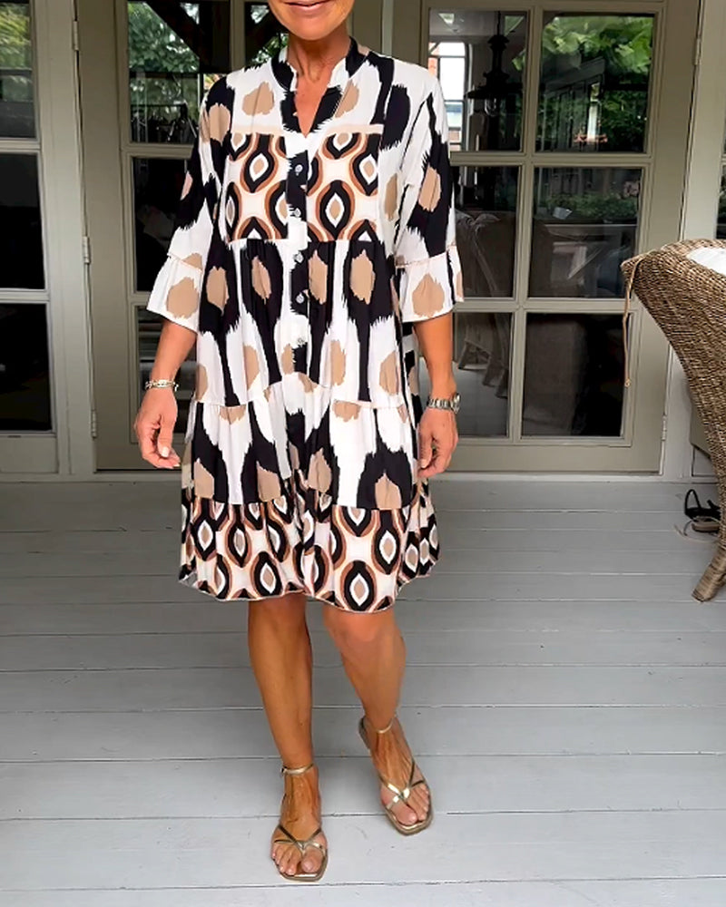Abstract Print Button Front Flared Sleeve Tiered Midi Dress