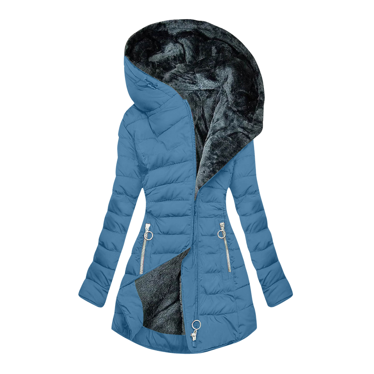Hooded Fleece Lined Zip Front Quilted Puffer Coat 7