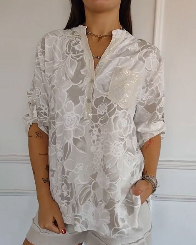 Floral Print Sequin Pocket Half Sleeve Blouse
