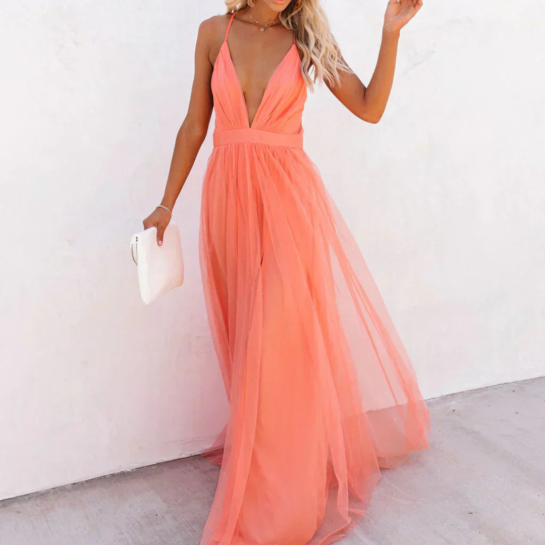 Tulle Deep V-Neck Spaghetti Strap Flowy Maxi Gown