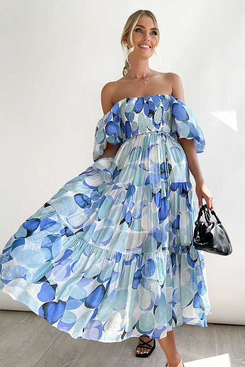 Darling Daylily Floral Print Off Shoulder Smocked Maxi Dress - 6 Colors Blue