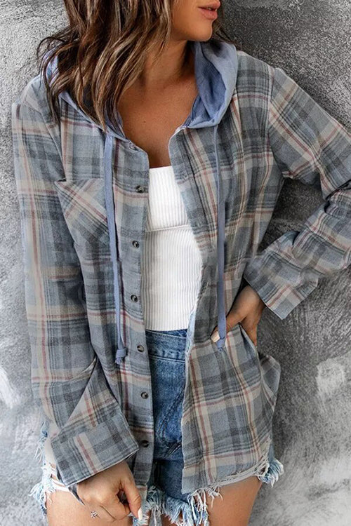 Flannel Plaid Button Down Hoodie Top