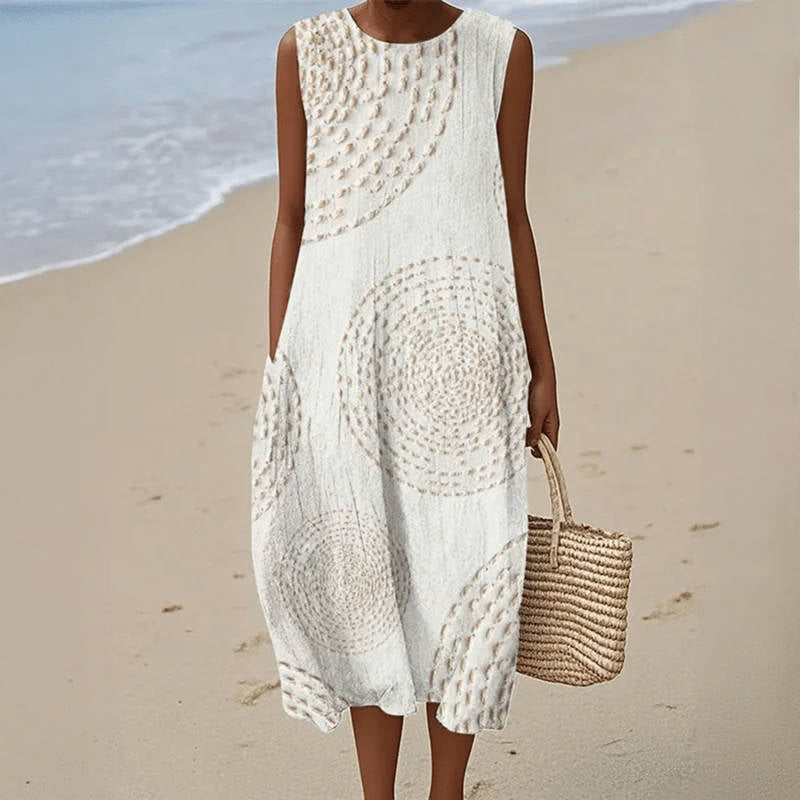 Round Neck Sleeveless Textured Circle Pattern Midi Dress