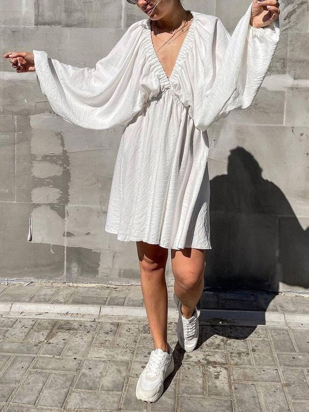 Deep V-Neck Balloon Sleeve Ruched Babydoll Mini Dress