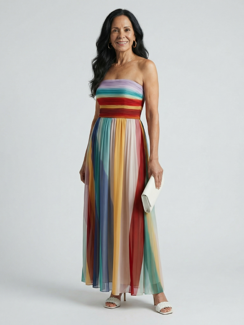 Striped Strapless Pleated Maxi Dress