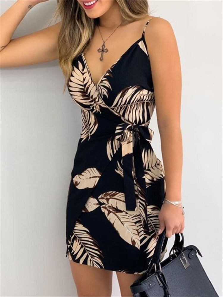 V-Neck Print Lace-Up Sexy Dress
