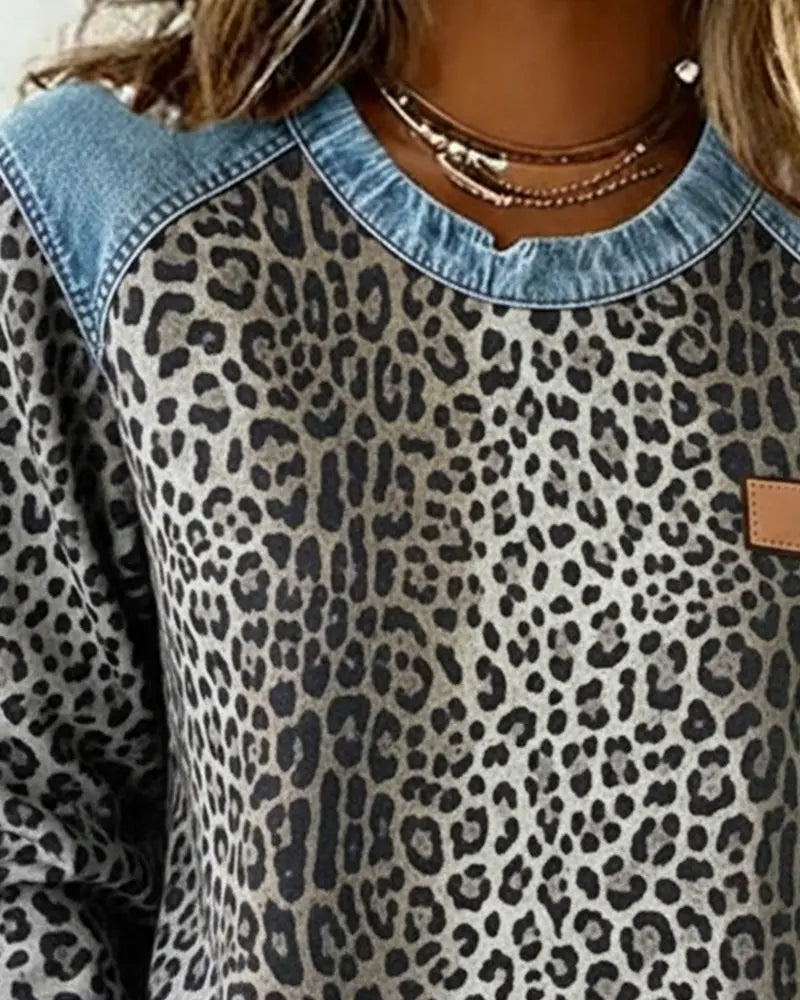 Leopard Print Denim Look Contrast Crew Neck Sweatshirt