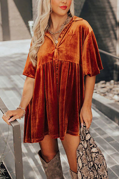 Velvet Collared Button Front Short Sleeve Babydoll Mini Dress