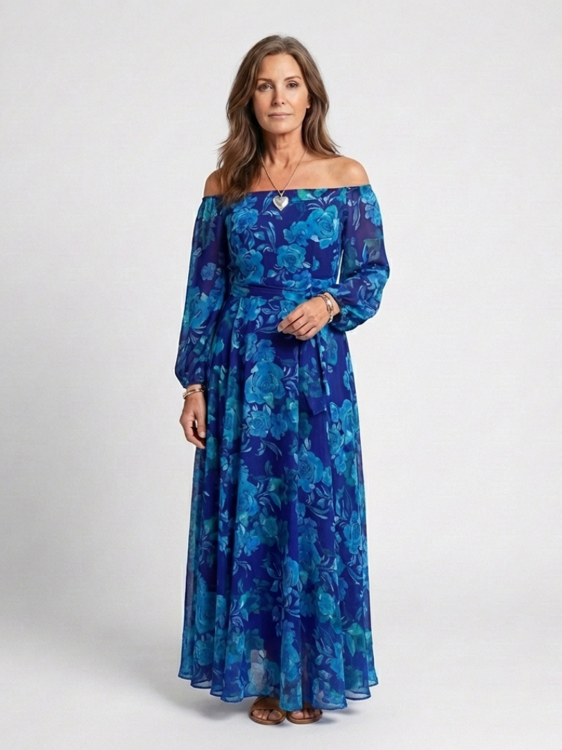 Floral Off Shoulder Long Sleeve Belted Maxi Dress