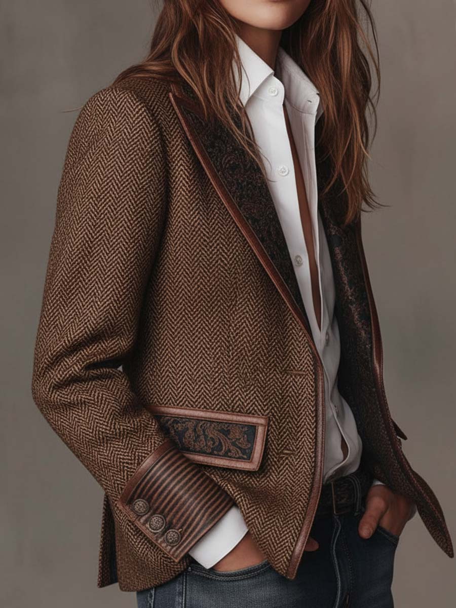 Herringbone Paisley Panel Faux Leather Trim Blazer