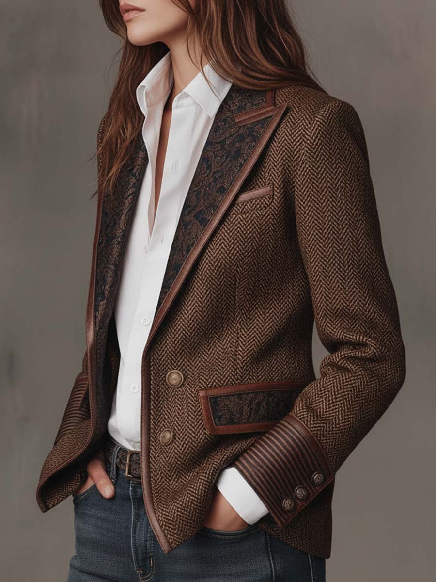 Herringbone Paisley Panel Faux Leather Trim Blazer