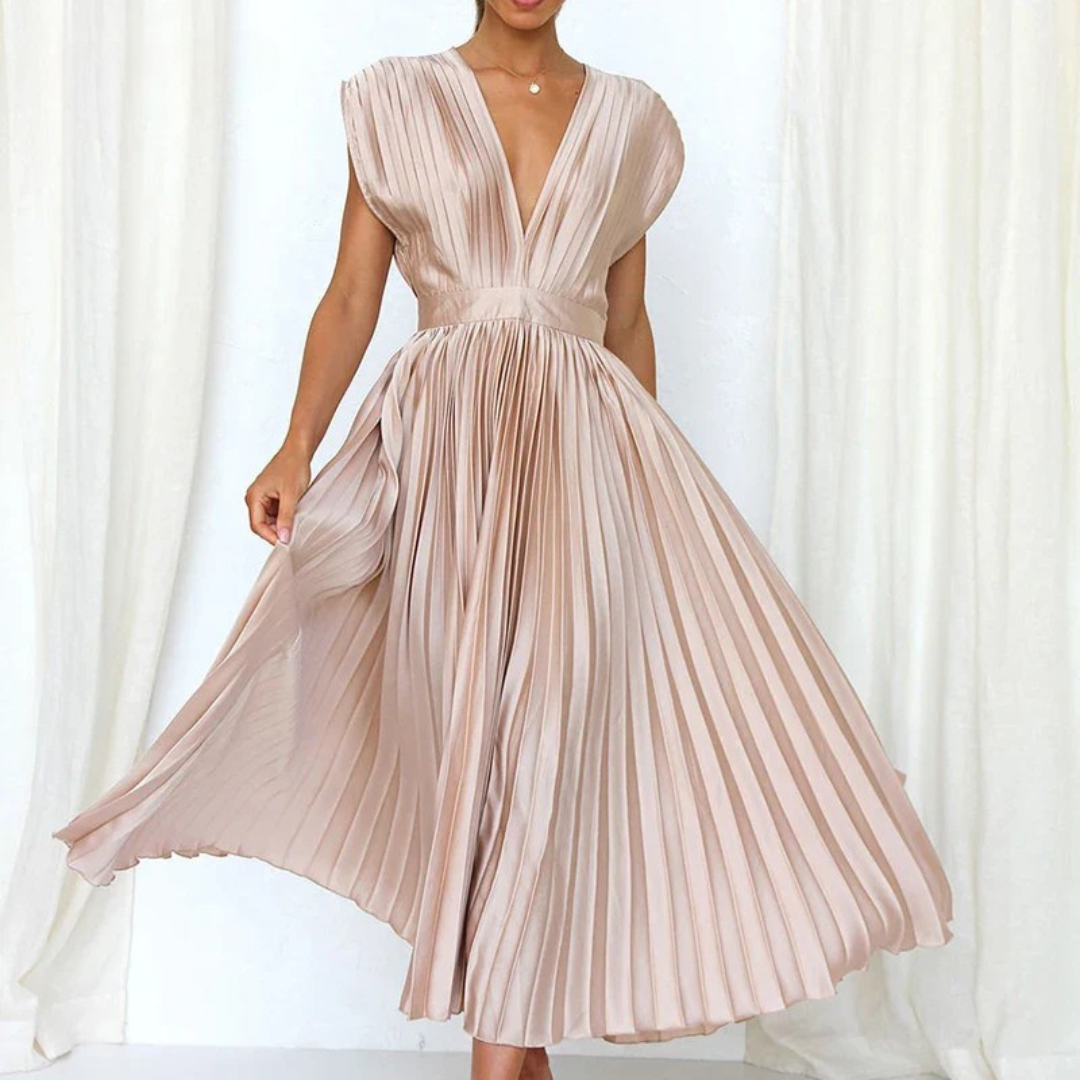 Deep V-Neck Cap Sleeve Pleated Flared Midi Dress