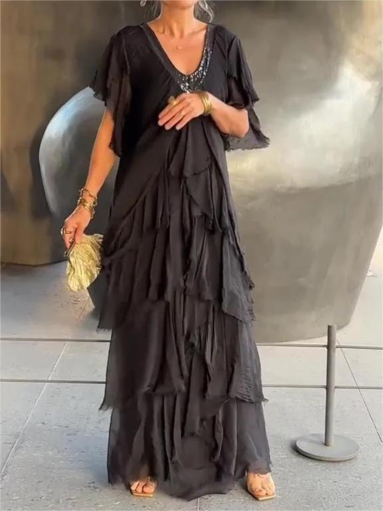 V-Neck Flutter Sleeve Tiered Ruffle Maxi Dress