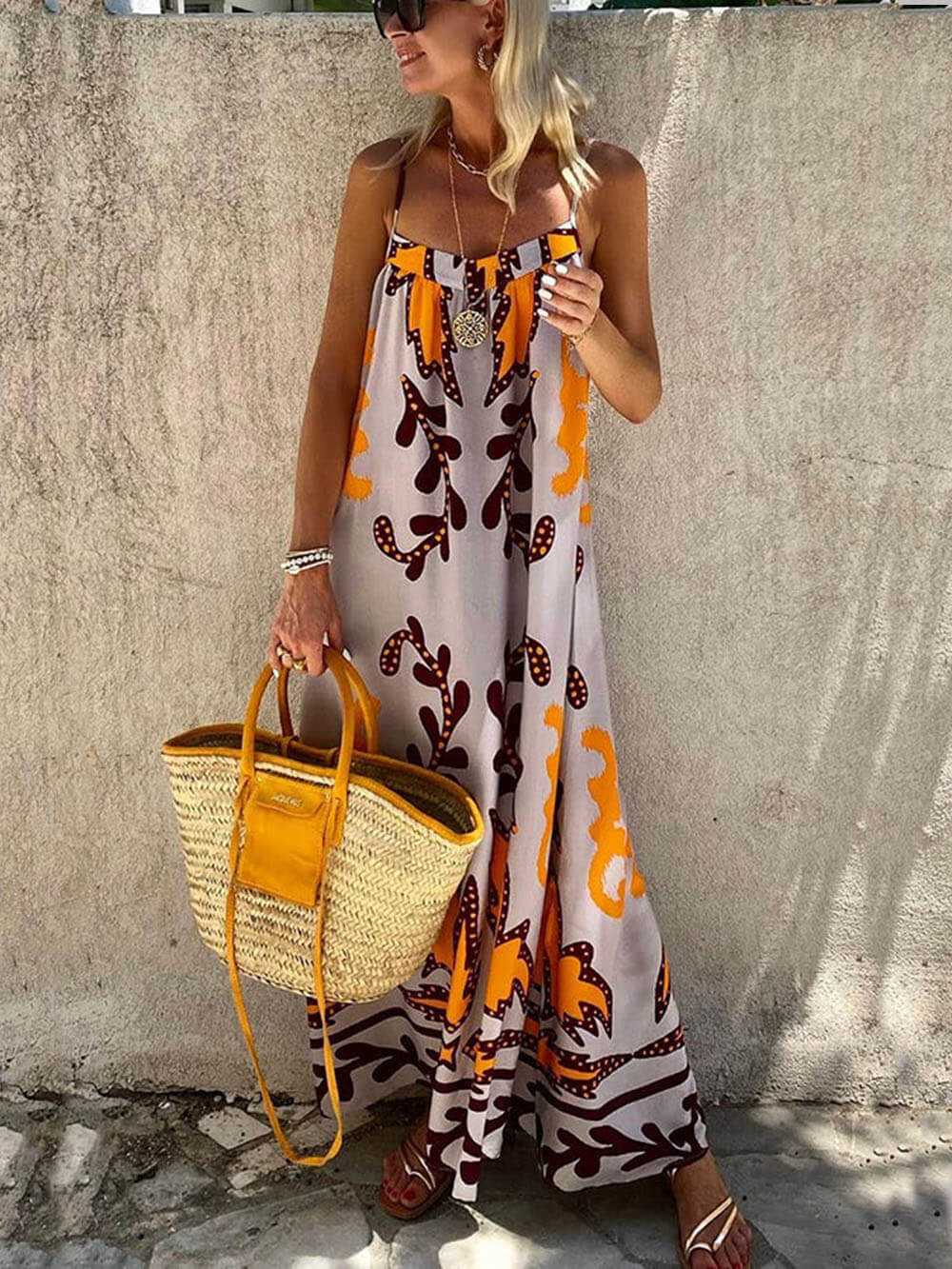 Artemis Delight Ethnic Print Spaghetti Strap Maxi Dress