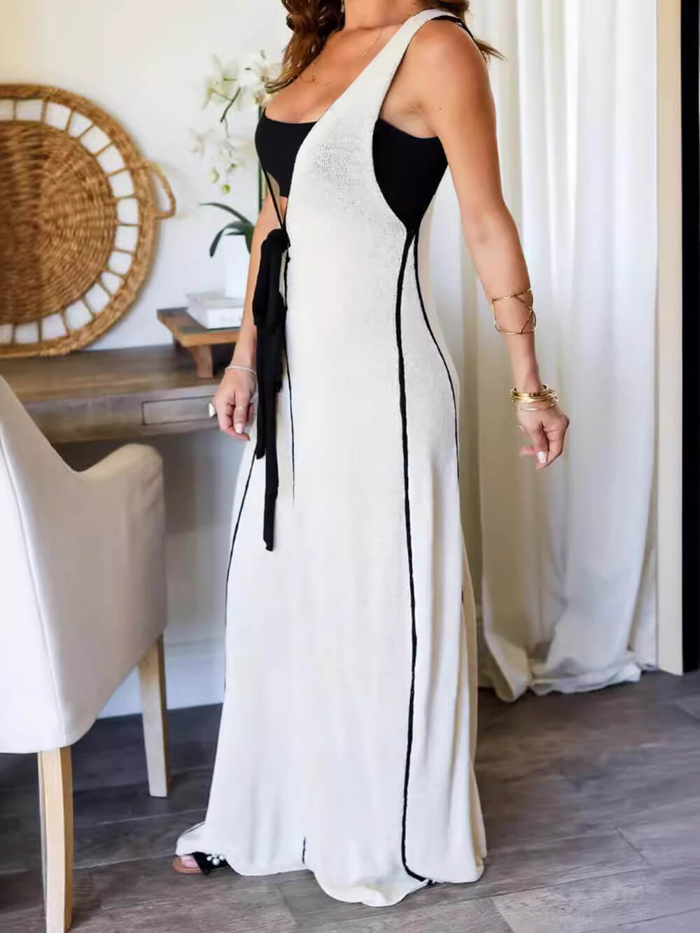 Contrast Trim Deep V-Neck Bow Tie Front Sleeveless Maxi Dress 5