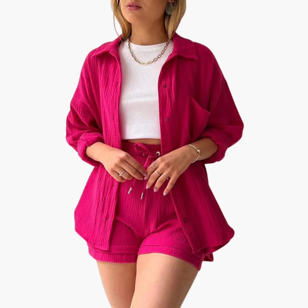 Button Front Shirt and Drawstring Shorts Two Piece Set