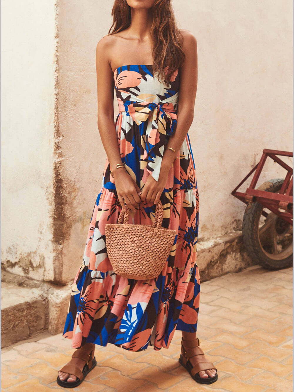 Tropical Floral Print Strapless Tie Front Tiered Maxi Dress