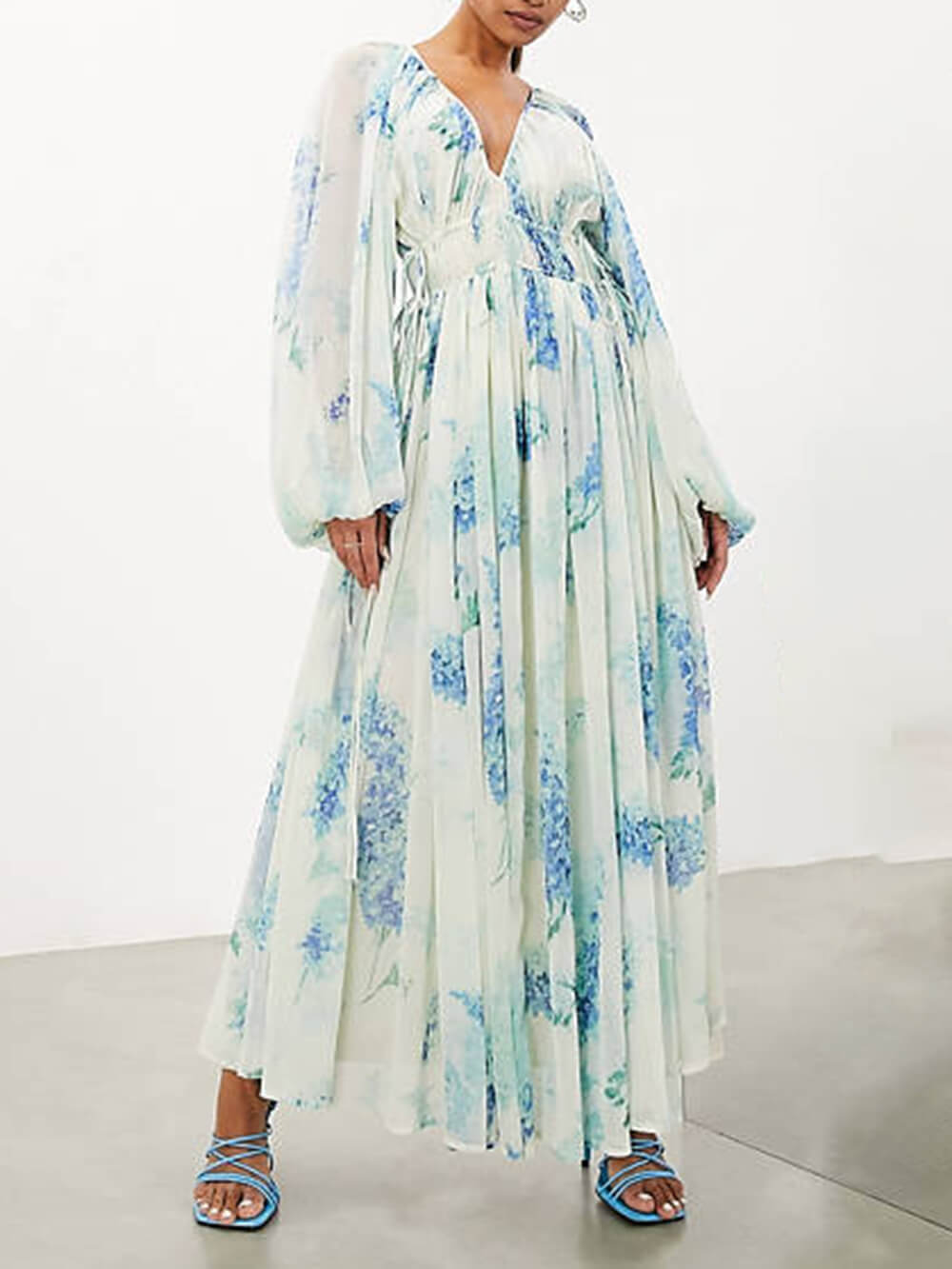 Floral Chiffon Deep V-Neck Balloon Sleeve Drawstring Waist Maxi Dress 4