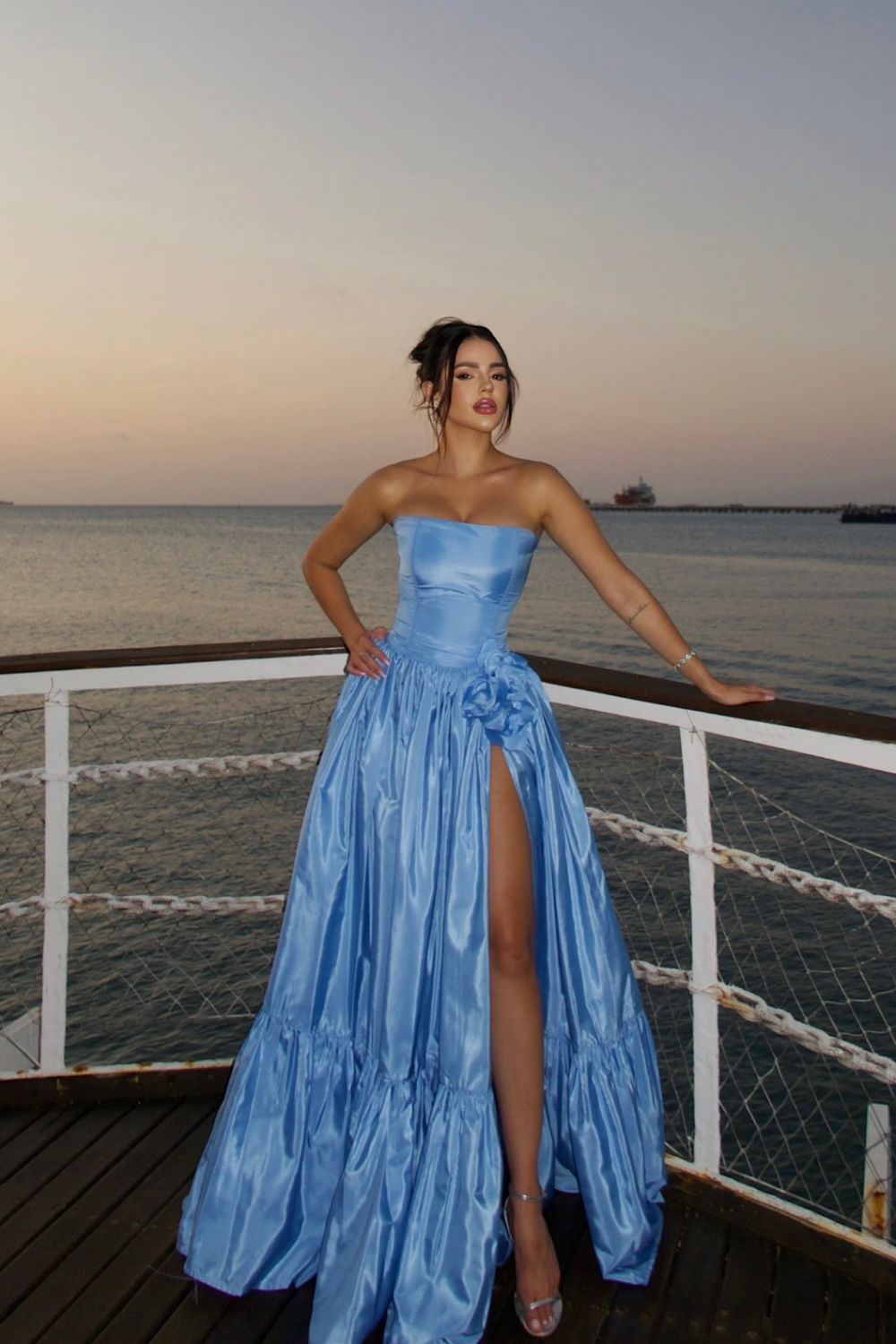 Charming A Line Strapless Blue Satin Long Prom Dress with Split Front
