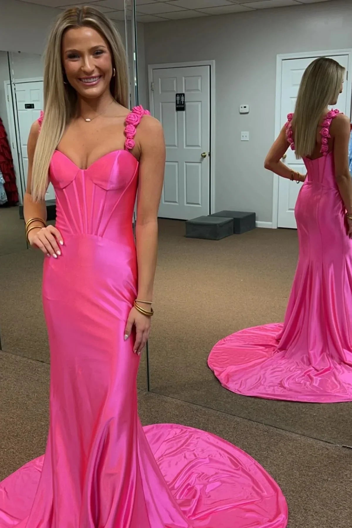 Red Mermaid Straps Keyhole Back Long Satin Prom Dress With Slit