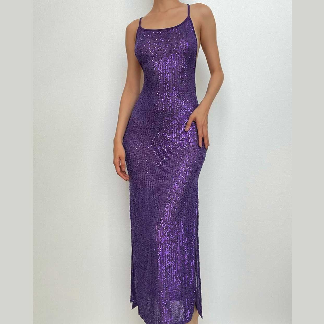 Glitter u neck see through backless cami maxi dress 2