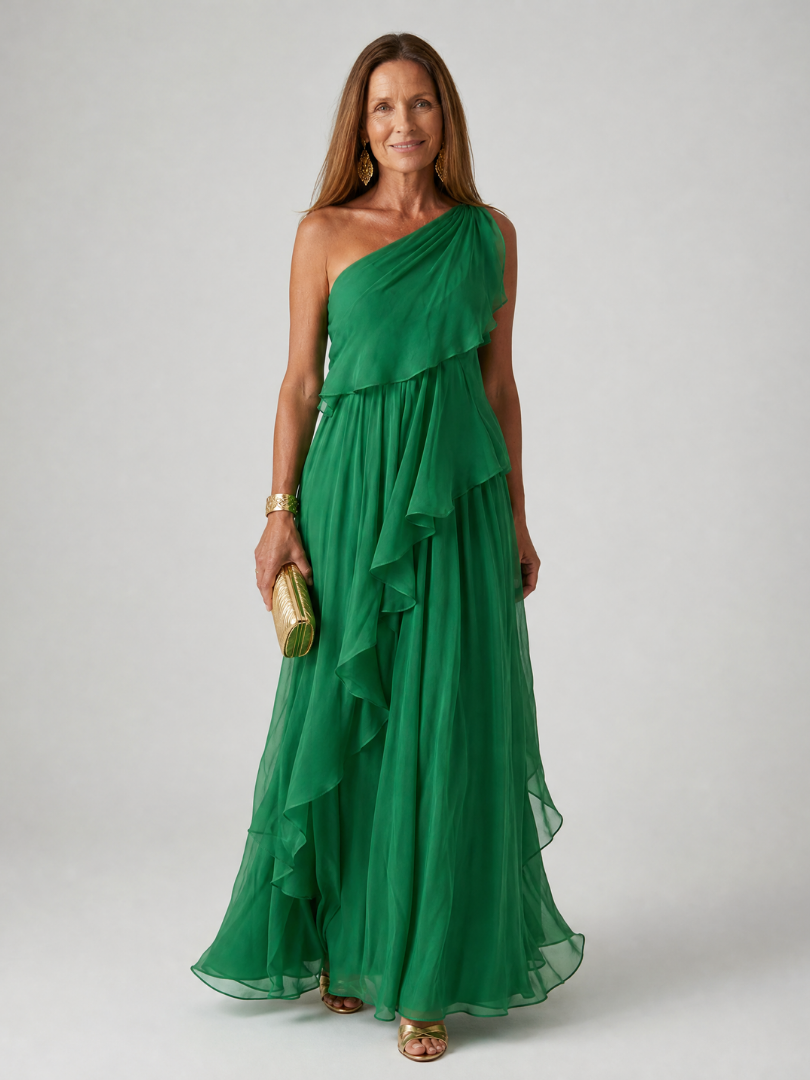 One Shoulder Cascading Ruffle Chiffon Maxi Gown