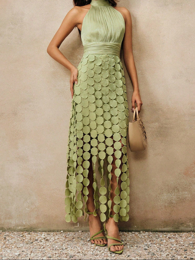 Halter Neck Ruched Disc Cut Out Fringe Hem Maxi Dress