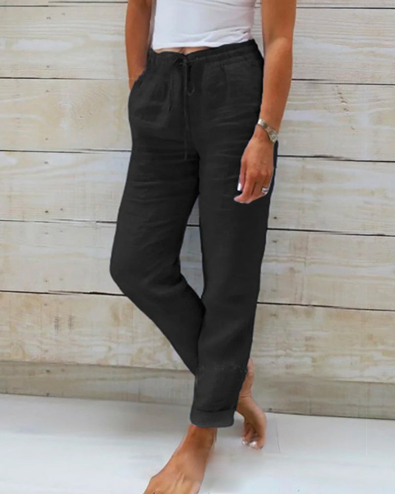 Drawstring High Waist Tapered Linen Look Pants
