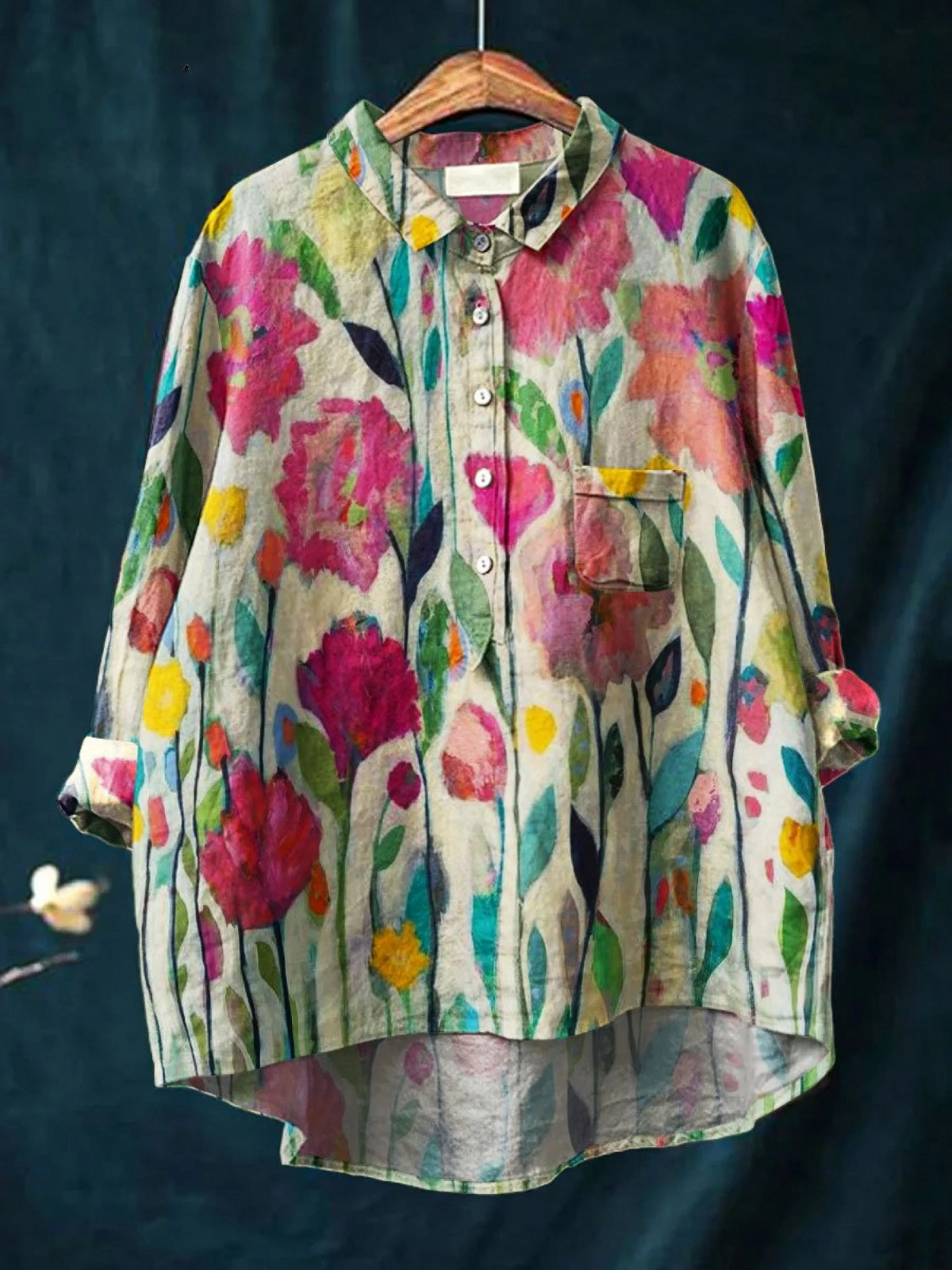 Floral Art Print Long Sleeve Button Front Pocket Shirt
