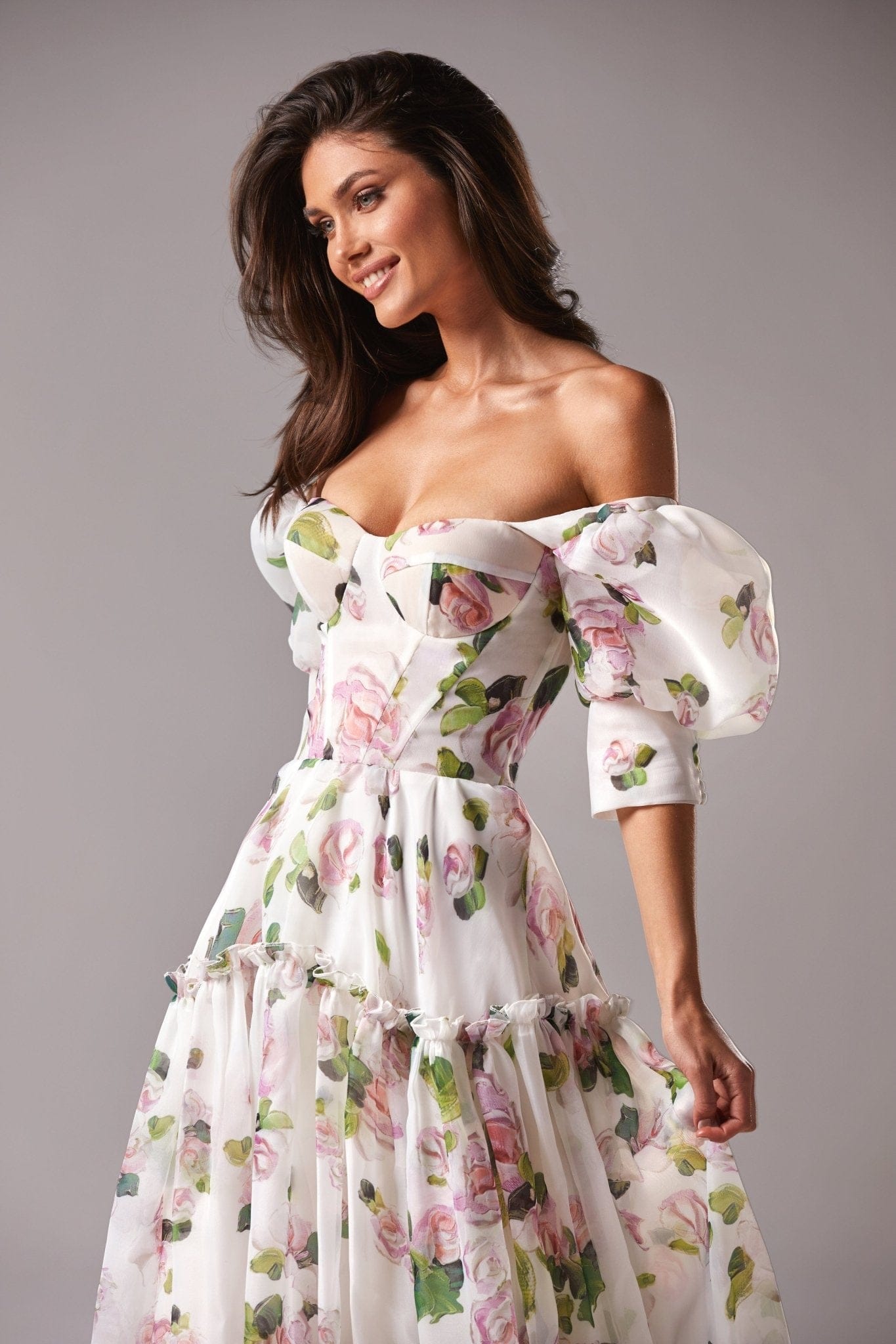 Floral Off Shoulder Puff Sleeve Tiered Maxi Gown 5