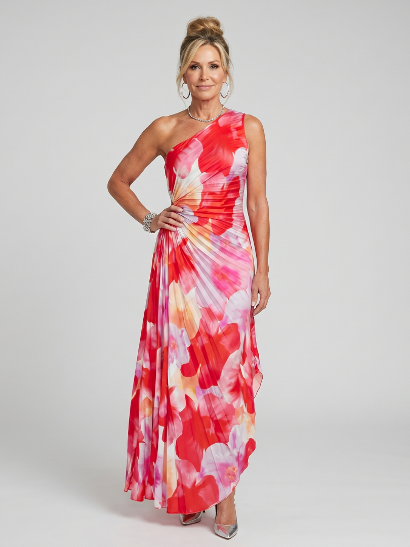 One Shoulder Floral Ruched Maxi Dress