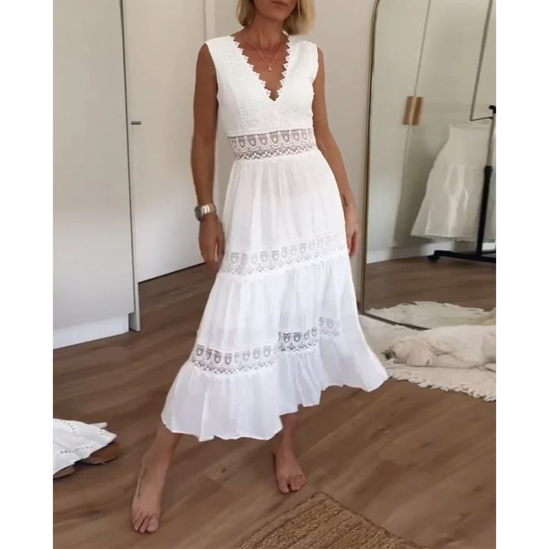 V-Neck Sleeveless Lace Trim Tiered Midi Dress