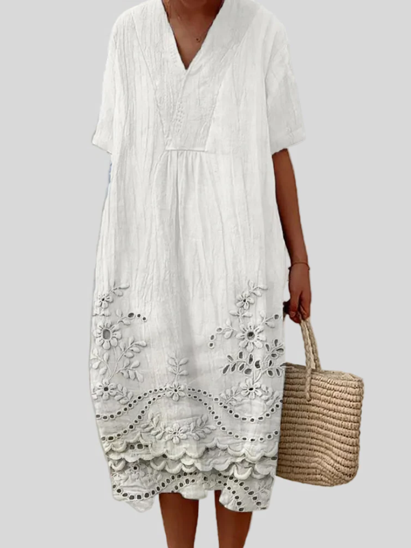 Eyelet Embroidered V-Neck Short Sleeve Midi Dress
