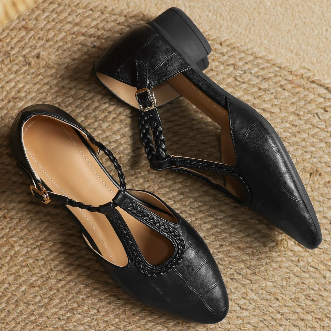 Pointed Toe Braided T-Strap Buckle Flats
