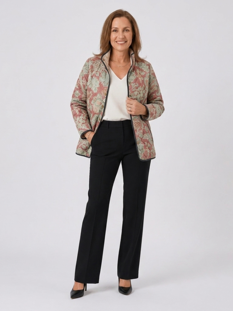 Floral Print Quilted Stand Collar Zip Jacket