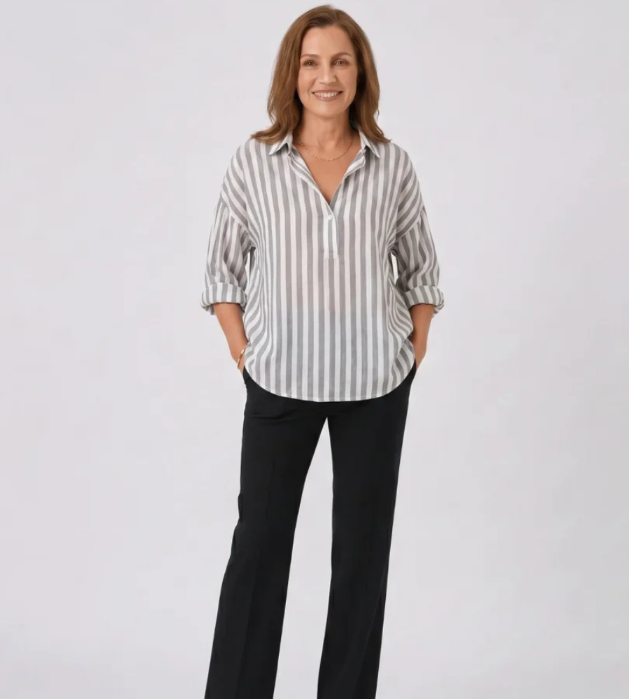 Striped Collared Half Sleeve Popover Blouse