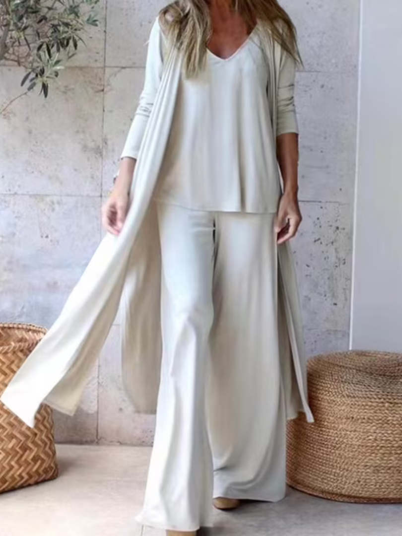 Satin Cami Wide Leg Pants and Longline Duster Three Piece Set