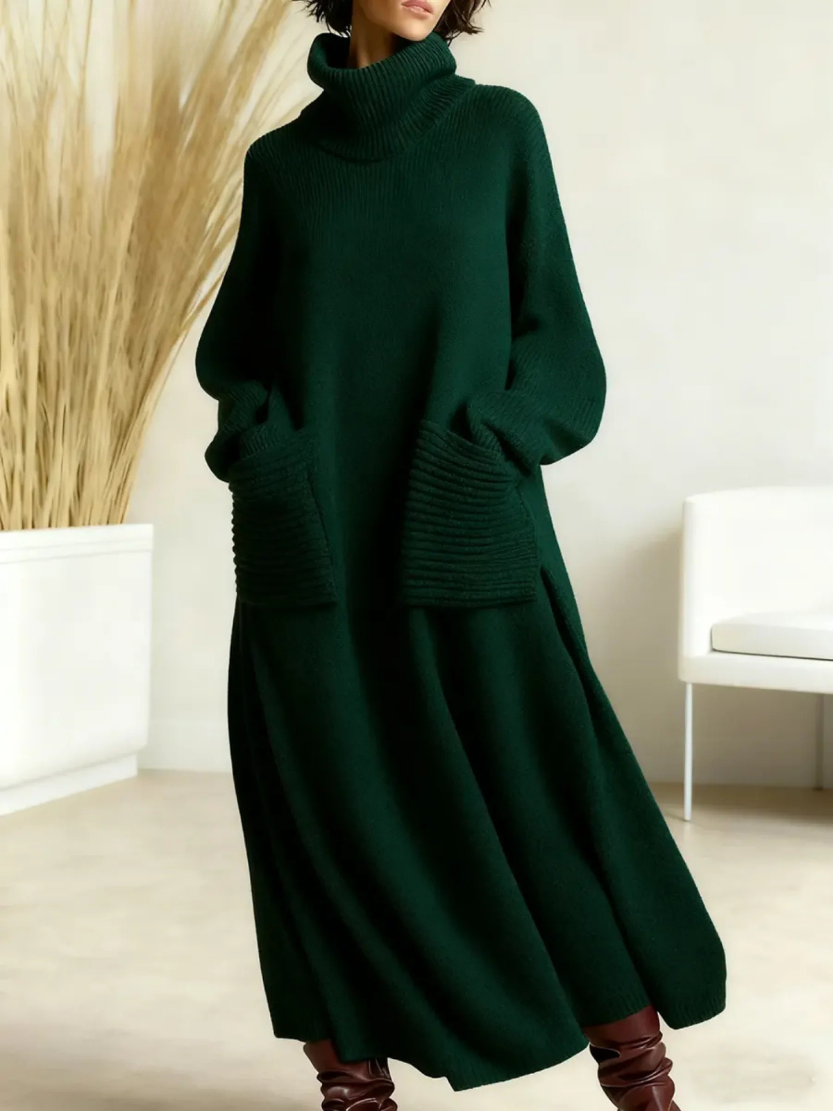 Turtleneck Pocket Knit Maxi Sweater Dress