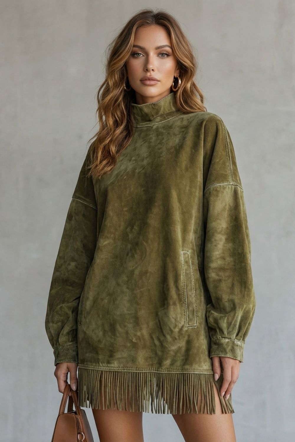 Suede High Neck Long Sleeve Fringe Pocket Mini Dress 5